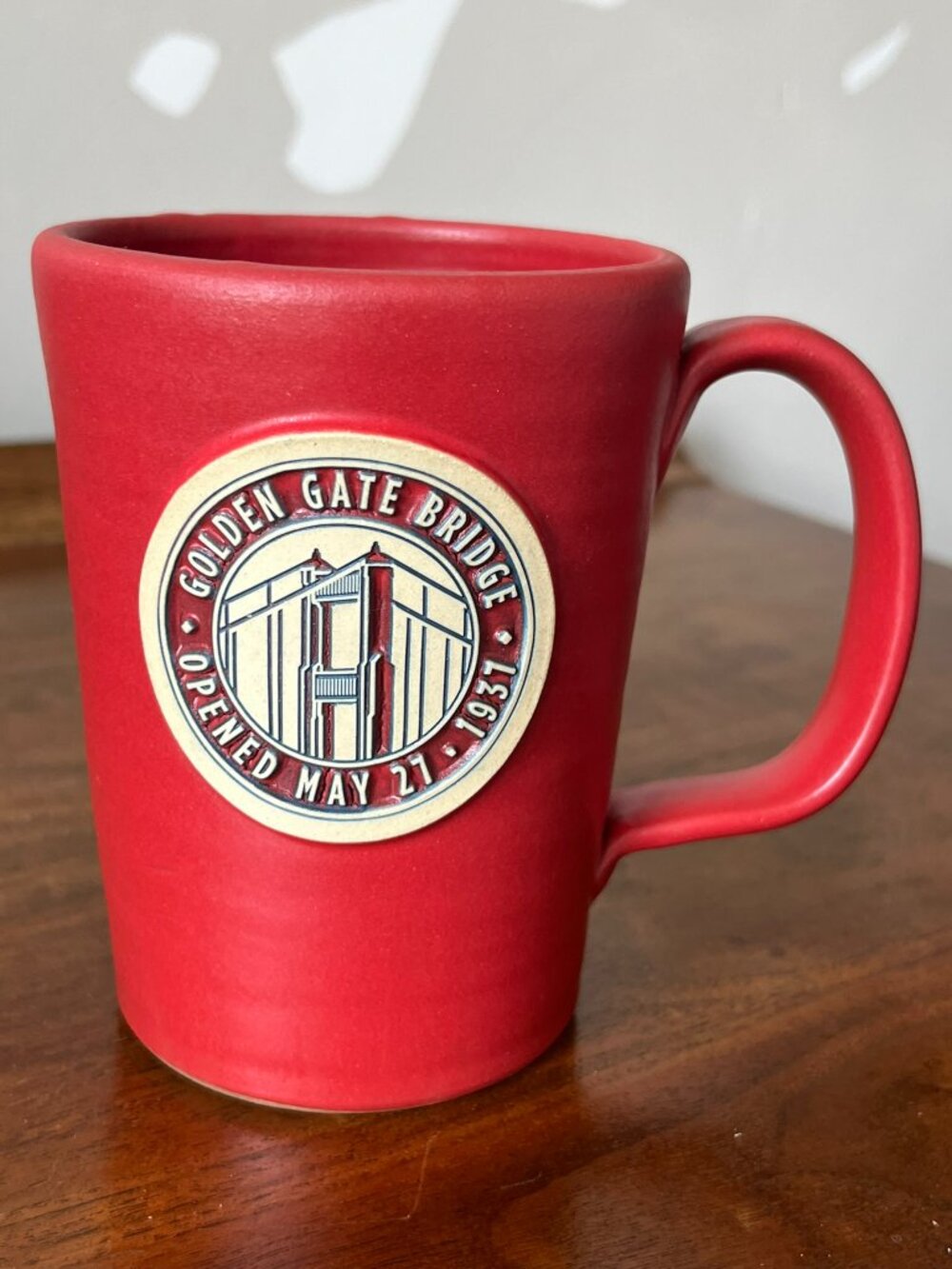 Deneen Pottery Golden Gate Bridge 75th Anniversary Mug 2012 Red 13 Oz Coffee Cup